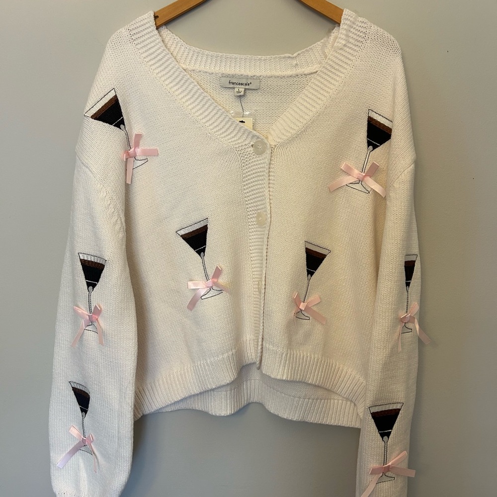 Francesca's Collections Cream Cardigan with Pink Bows